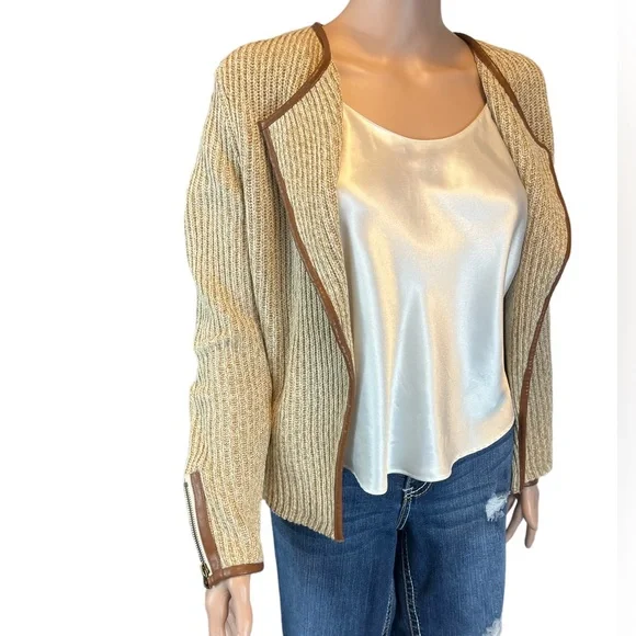 NWOT Lucky Brand Open Faux Leather Edged Sweater, Browns |M - Picture 1 of 15